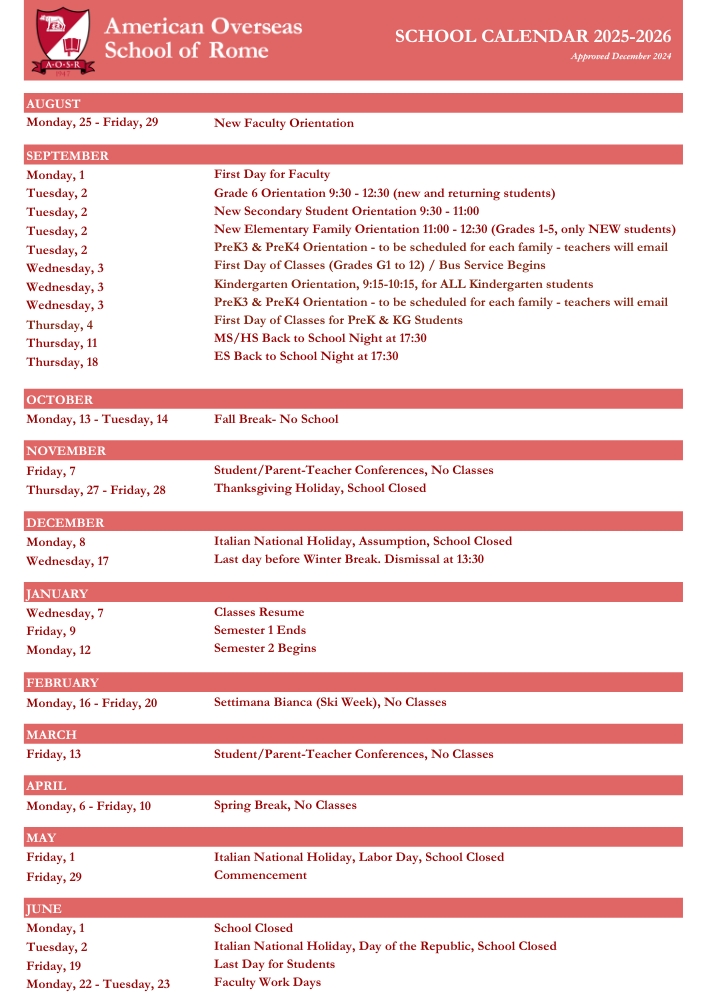 AOSR 2025-2026 School Calendar