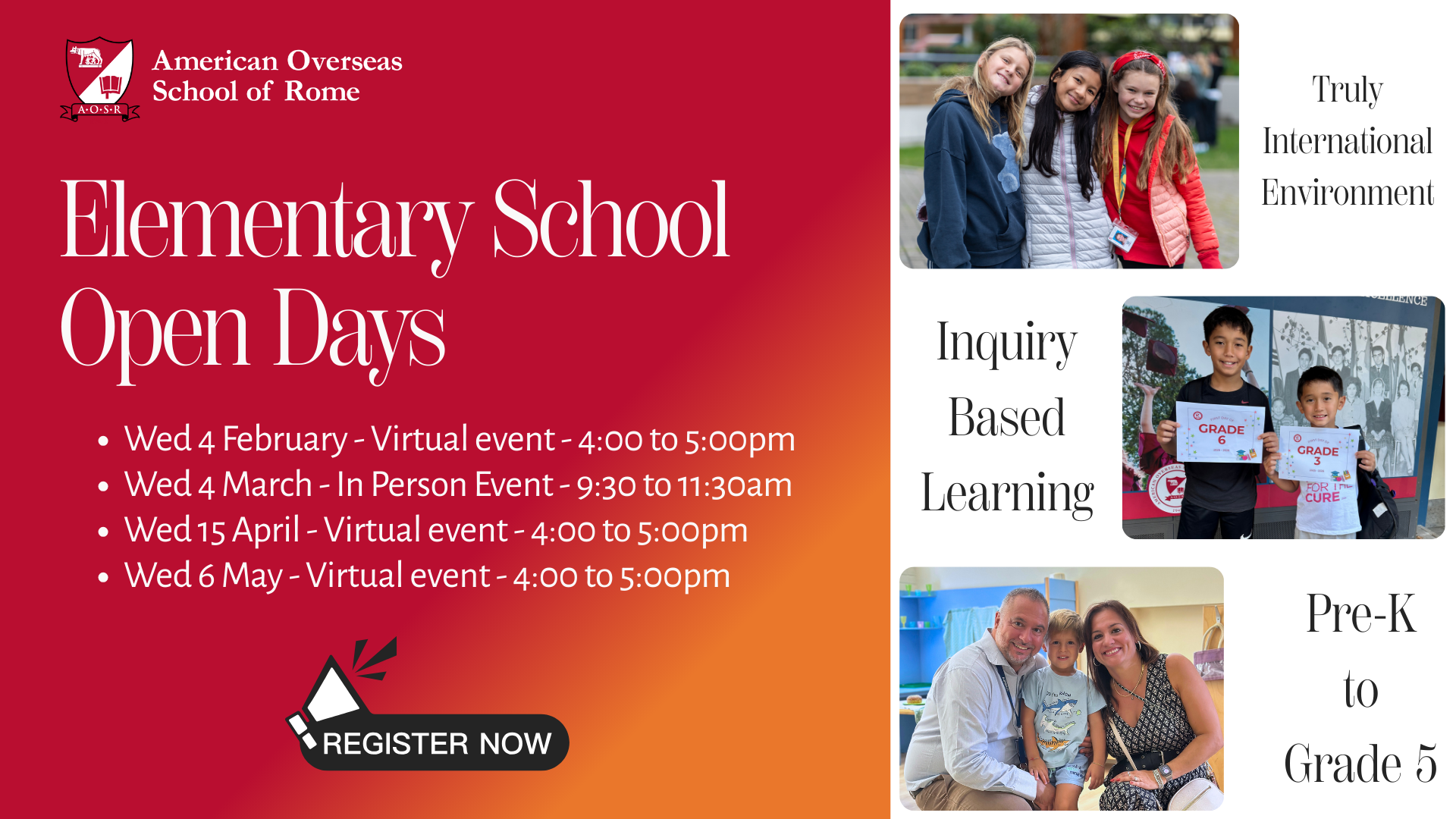 AOSR International School Rome - Elementary School Open Houses 2026